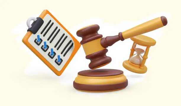 Vector illustration of Placard with wooden judges gavel, clipboard with checklist and hourglasses