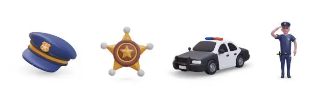 Vector illustration of Set of policeman, car, element of policeman costume and sheriff star