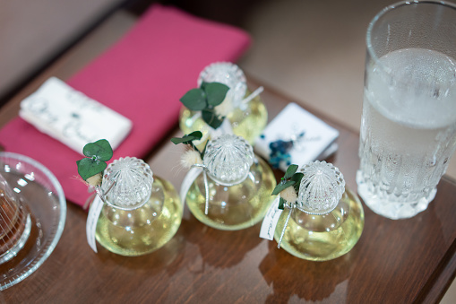 Close-up of perfume gifts for Wedding Party guests