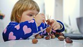Cute Causian Preschooler Girl Making Figurine using Chestnuts and Wooden Sticks
