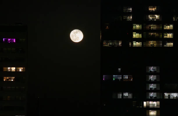 Snow Moon rising over Manchester, NH in late winter