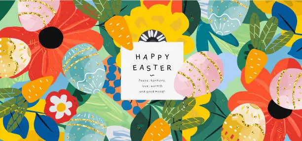 Vector illustration of Happy Easter! Vector cute naive simple gouache illustrations of Easter eggs,  carrot, abstract pattern, flowers, plants for greeting card, invitation, banner or background
