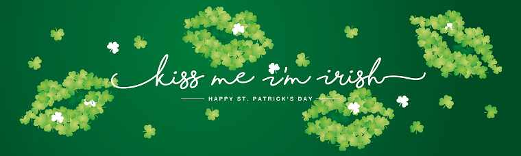 Kiss me I am Irish handwritten typography lettering line design Happy St Patricks Day with clovers lips green background banner