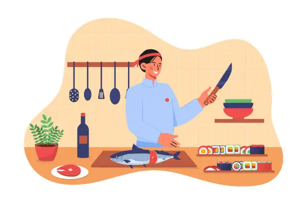 Vector illustration of Sushimaster with knife and rolls vector