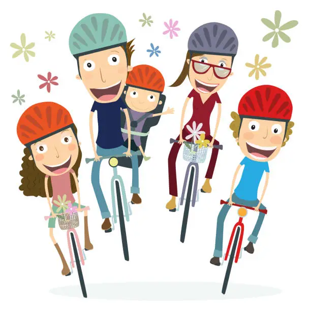 Vector illustration of Family bicycling. Front view.