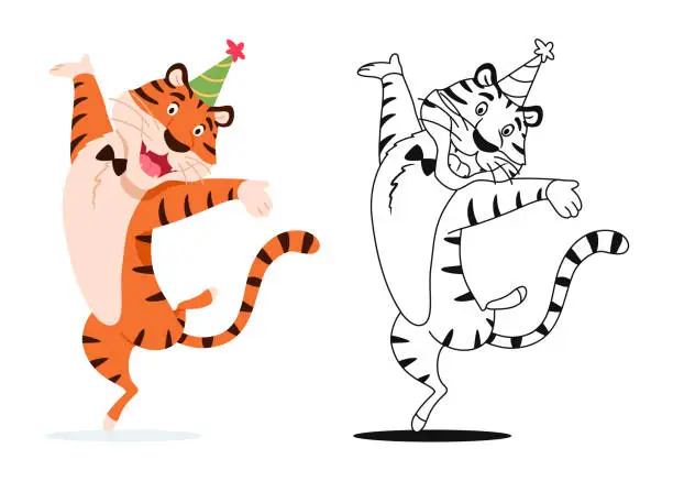 Vector illustration of Coloring page. Cartoon dancing happy tiger with bow tie isolated on white background. Happy wild cat for kids preschool activity. Black and white outline sketch. Coloring book vector illustration.