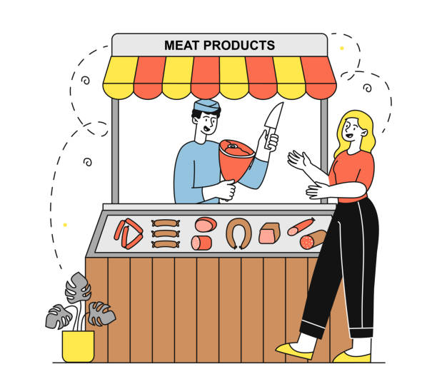 ilustrações de stock, clip art, desenhos animados e ícones de butcher with client vector simple - supermarket meat store manager