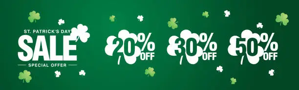 Vector illustration of Saint Patricks Day Sale special offer 20 30 50 percent off white green clover negative space discount numbers stickers dark green background