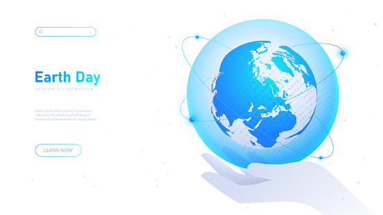 Earth day white poster. Care about nature and ecology. Hand with blue shield near globe. Volunteers and activists. Landing webpage design. Cartoon flat vector illustration isolated on white background