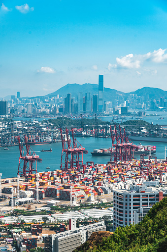 Aerial View of container ship terminal in Hong Kong