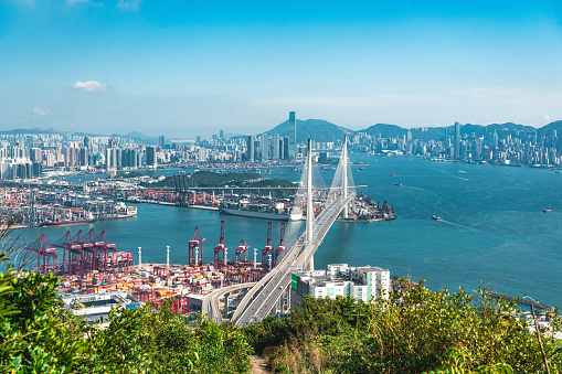 Aerial view of Stonecutters Bridge and the Tsing sha highway, Hong Kong