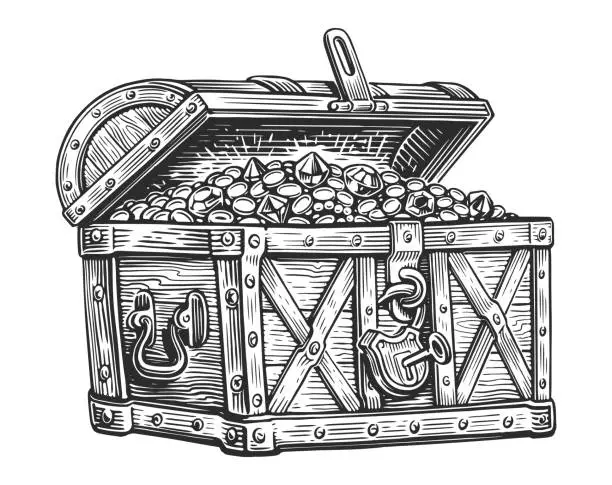 Vector illustration of Pirate chest full of treasures of gold coins and precious stones. Hand drawn vector illustration in engraving style