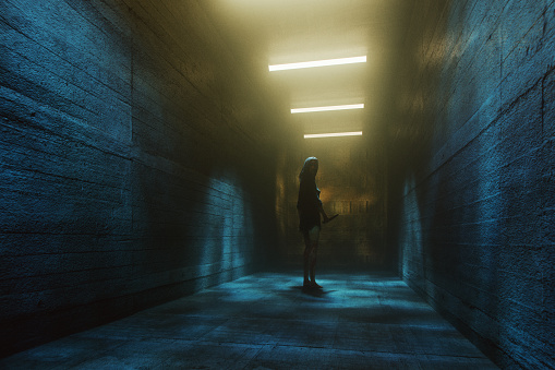 Dark spooky underground concrete corridor with horror movie character. 3D generated image.