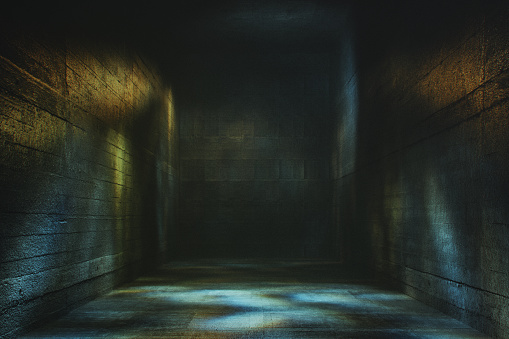 Dark spooky underground concrete corridor. 3D generated image.