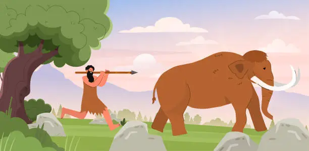 Vector illustration of Mammoth hunt vector scene
