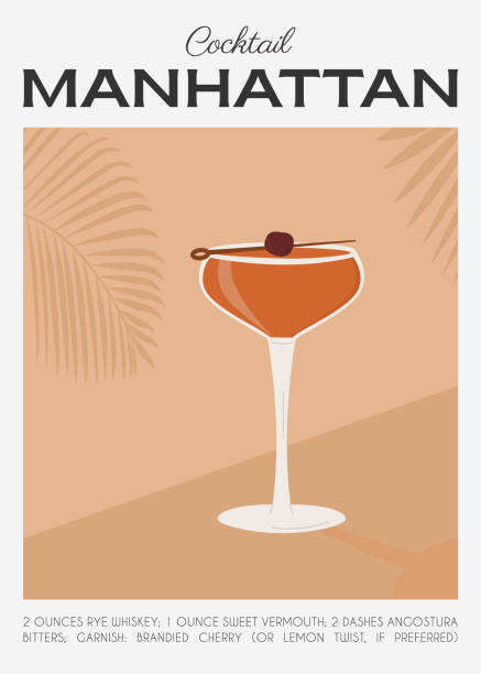 manhattan classic cocktail garnished with maraschino cherry. classic alcoholic beverage recipe wall art print. summer aperitif poster. minimalist alcoholic drink placard. vector illustration. - new york city built structure glass backgrounds stock-grafiken, -clipart, -cartoons und -symbole