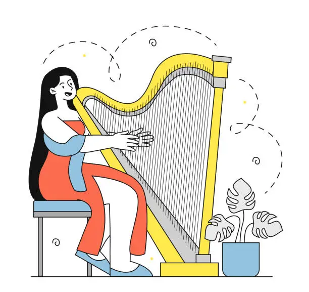 Vector illustration of Harpist rehearsal vector doodle