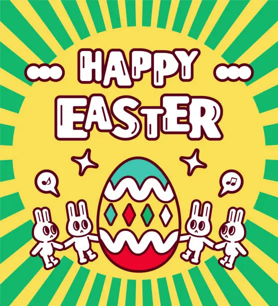 Vector illustration of Happy Easter, Easter Bunnies Holding Hands Around a Big Easter Egg, Easter Greetings with Sunbeam