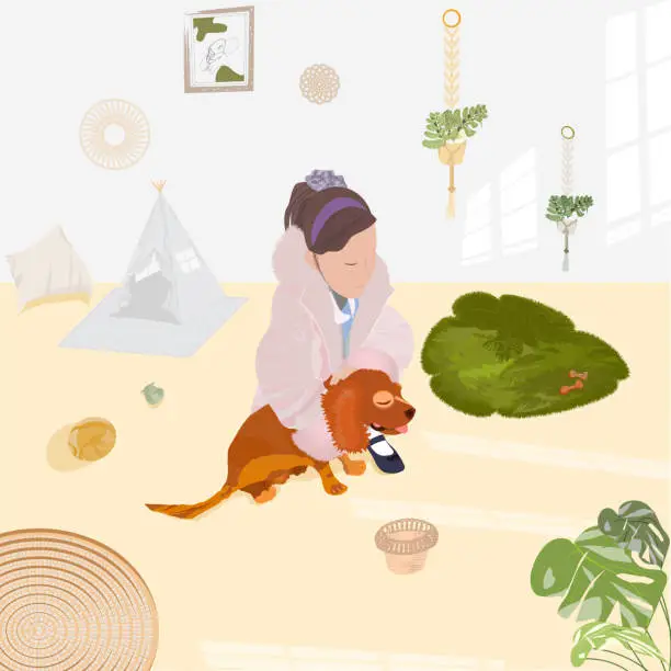 Vector illustration of A little girl is cuddling and playing with her pet puppy.