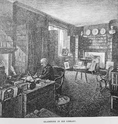 Illustration from Harper's Magazine Volume LXIV December 1881 to May 1882:   Illustration depicting William Ewart Gladstone  (1809 - 1898)   in his library : he was a classical scholar of considerable ability.