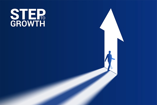Step to Growth Business concept illustration. Businessman silhouette passes through the arrow up form open door. Success path, goal way, lieder man right choice. Freedom, bright solution, opportunity