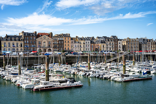 Port of Dieppe, in France, with many boats moored. August 12, 2023.