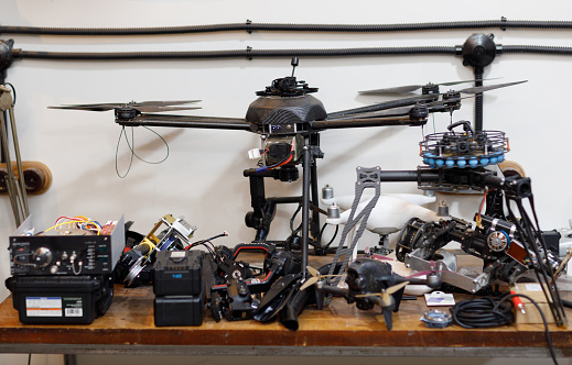 Workshop and repair production custom quadrocopter drones with parts stuff.