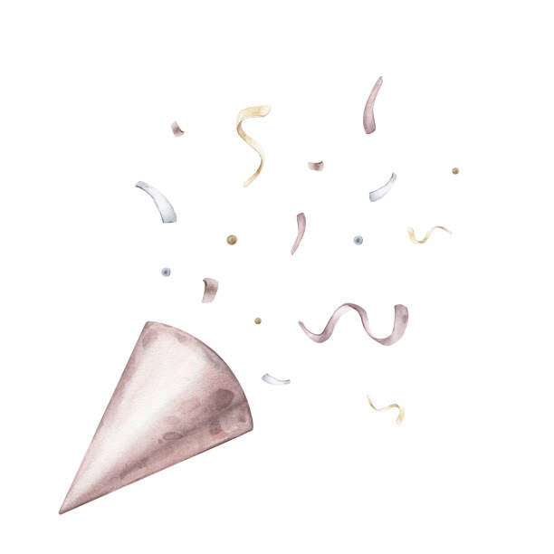 акварель, нарисованная от руки, розовая поппер и взрывающееся конфетти. шляпа на день рождения с конфетти на белом фоне. иллюстрация дизайн� - streamer congratulating party popper birthday stock illustrations