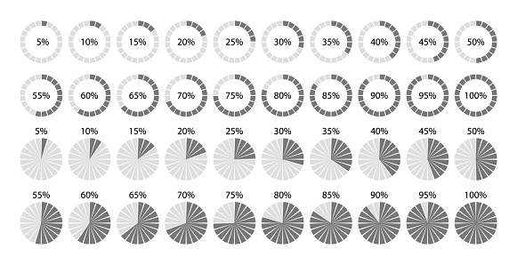 Progress diagram structure. Circle 100 percent loading template. Circular grey color progress bar. Round pie chart. Schemes with sectors. Piechart with segments and slices. Vector illustration