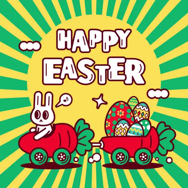 Vector illustration of Happy Easter, Easter A Cute Easter Bunny Driving a Carrot Car Pulling a Cart Laden with Easter Eggs, Easter Greetings with Sunbeam