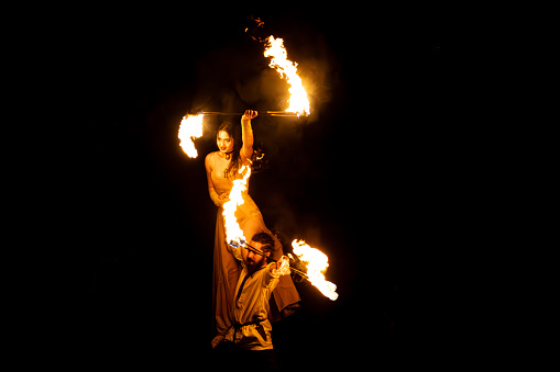 Oradea, Romania  July, 8, 2023. Fire show at The Medieval Festival in Oradea, Romania