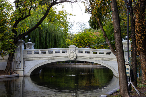Bridge over the lake Cismigiu in Cismigiu garden, a famouis park in the center of Bucharest, Romania