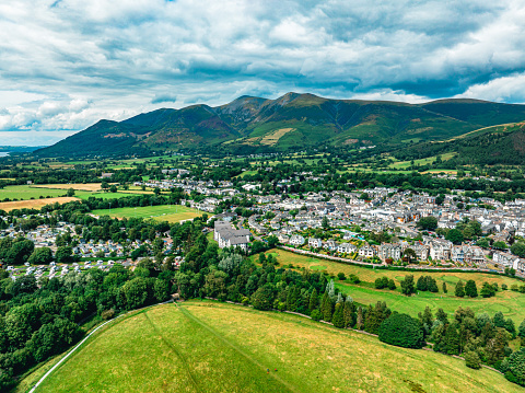Drone view of Keswick and Derwentwater at Lake District, UK