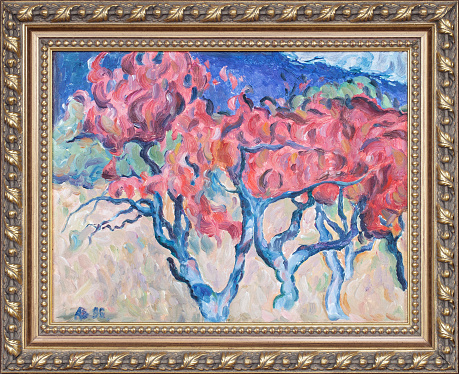 Oil painting flowering trees. Fine art landscape in frame. Picture of a mysterious trees.