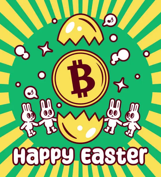 Vector illustration of Happy Easter, Easter Bunnies Holding Hands, Money Popped Out of a Cracked Easter Egg, Easter Greetings with Sunbeam