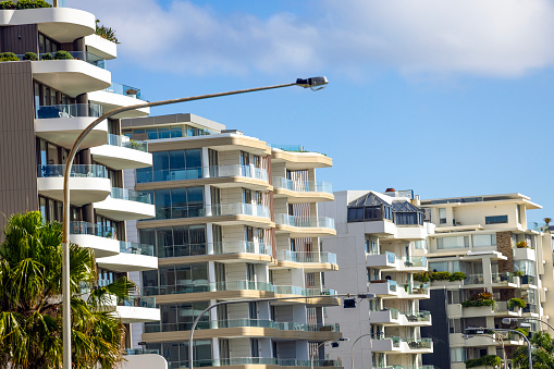 Modern apartment buildings, Cronulla Australia, background with copy space, full frame horizontal composition