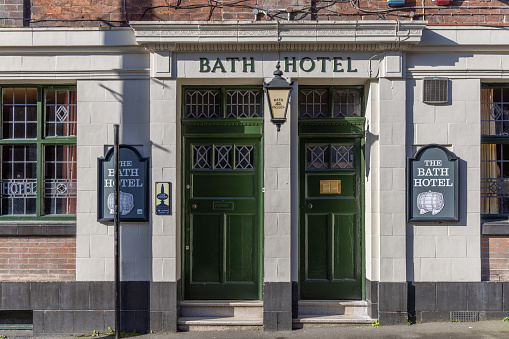 Sheffield, South Yorkshire, United Kingdom - February 24, 2024: The entrance to the Bath Hotel in Sheffield. The pub dates from 1867