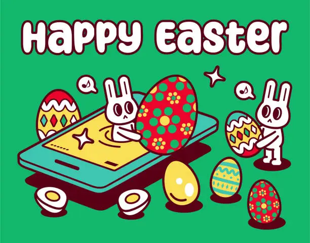 Vector illustration of Easter greetings with smartphone, happy Easter bunny turning up on smartphone screen and sending Easter Eggs