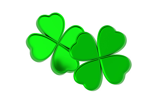 Falling clover with four leaves isolated on white background. St. Patrick's day. Good luck symbol. 3d render
