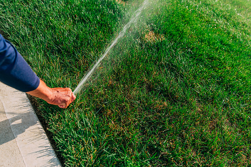 Hispanic Man Adjusting a Sprinkler with a Professional Landscaping Company in the Midwest / Southern USA
