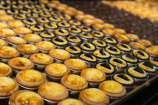 Close-up view of the various types of Hokkaido baked cheese tarts.
