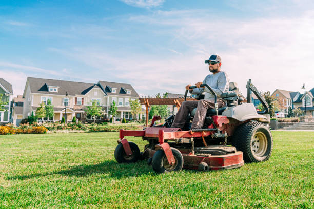 Hispanic Man Driving a Professional Riding Lawnmower for a Landscaping Company at an Apartment Complex or Public Park on a Sunny Morning in the Summer, USA