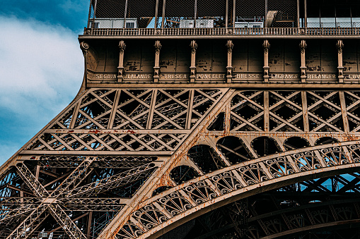 Detailed Inscriptions on the Eiffel Tower, Representing 72 French scientists, engineers, and mathematicians who contributed to the construction and understanding of structures, particularly during the 18th and 19th centuries.