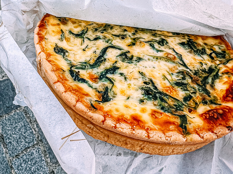 Egg & Spinach Breakfast Quiche in a To-Go Paper for On-The-Go Fast Food