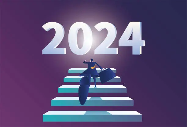 Vector illustration of Businessmen climb the stage and run towards 2024