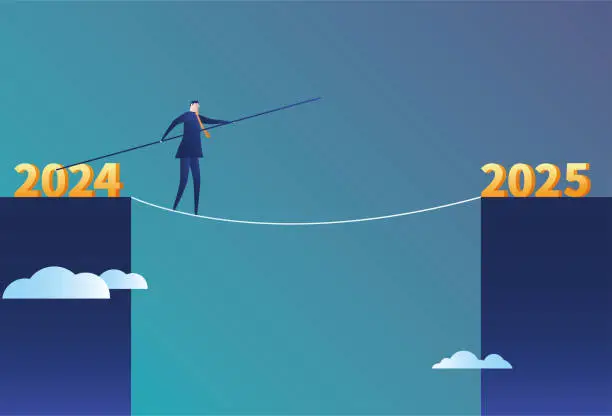 Vector illustration of Businessmen walk on the tightrope from 2024 to 2025