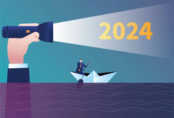 Vector illustration of Giant man using flashlight to help rowing business man point to 2024