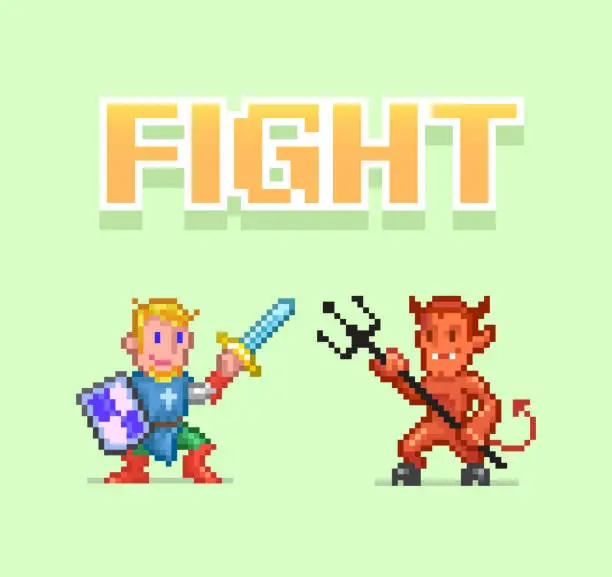 Vector illustration of colorful simple vector pixel art illustration of cartoon knight templar with sword and demon with trident in retro video game platformer level style