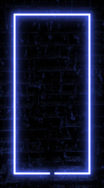 istock Dark Brick wall and waterfall background, blue neon light and rectangle shape with vertical banner. 2044349976