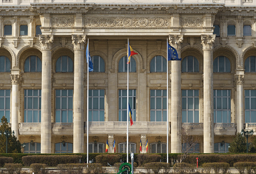 Bucharest, Romania - 27th Feb, 2024: The Palace of the Romanian Parliament, second largest administrative building in the world, built during the communist regime of former dictator Nicolae Ceausescu.